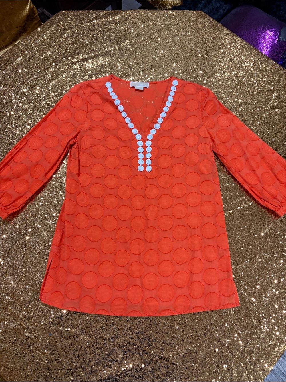 MICHAEL Michael Kors Orange V-Neck Dot Jacquard Tunic with Beaded White Trim